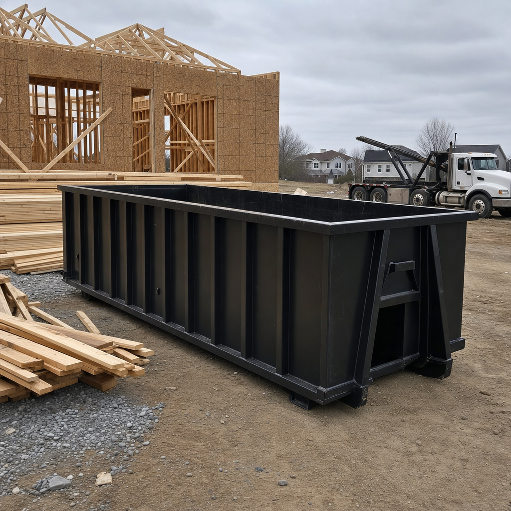 Matte-black 40-yard roll-off dumpster staged on a framed-out residential construction site in Boynton Beach, framing lumber stacked nearby, hooklift delivery truck visible in the background under bright Colorado daylight