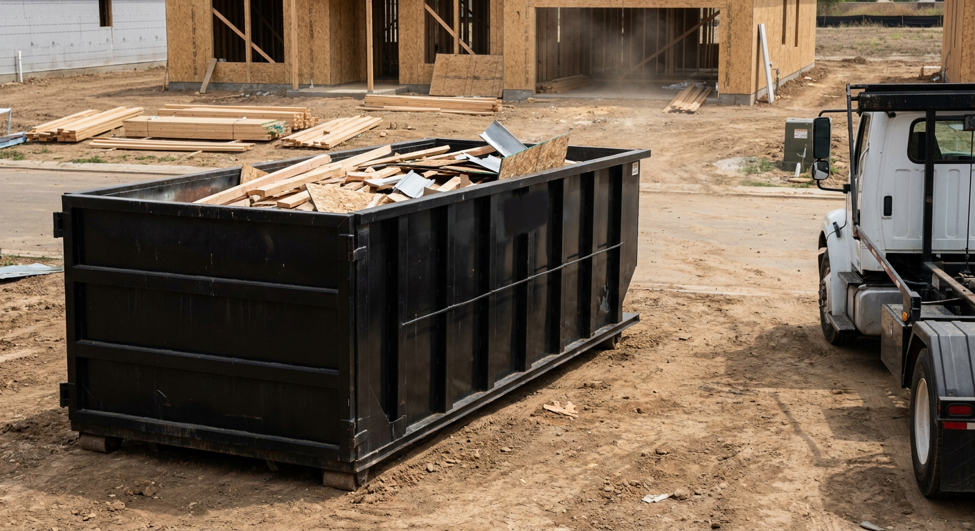 Matte-black 20-yard roll-off construction dumpster with heavy ribbed steel sidewalls and swing rear doors at a working jobsite in Boynton Beach, sitting directly on compacted dirt with an unmarked white hauler partially visible at the far edge of the frame.