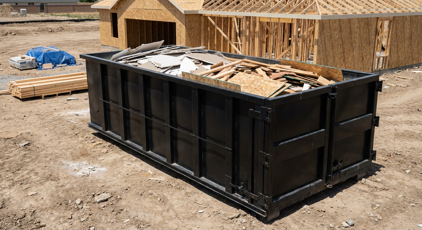 Matte-black 30-yard roll-off construction dumpster sitting directly on the compacted-dirt site of a framed single-family home build in Boynton Beach, drywall and lumber scrap loaded inside.