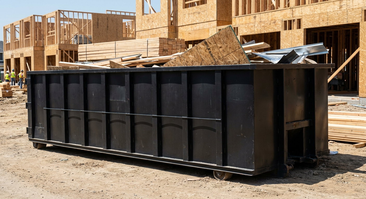 Matte-black 40-yard roll-off construction dumpster being lowered from a white-cab hooklift delivery truck onto the compacted-dirt jobsite at a commercial build site in Boynton Beach