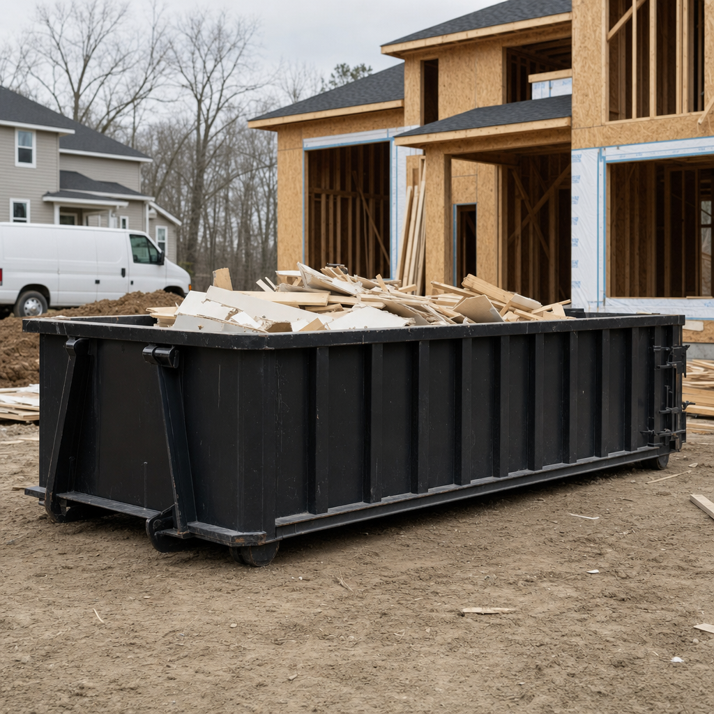 Worker in a yellow high-visibility vest tossing framing lumber and broken drywall into a matte-black 30-yard construction roll-off dumpster on an active build site in Boynton Beach, bright daylight