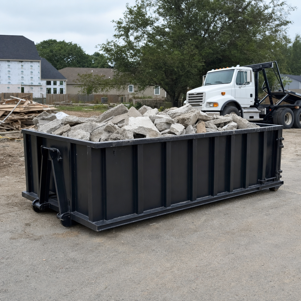 Low-profile matte-black lowboy roll-off dumpster loaded with broken concrete slab and rebar at a foundation tear-out in Boynton Beach, skid steer parked beside it, sunny Colorado morning