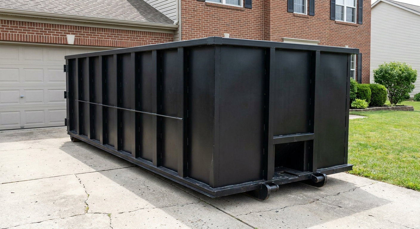 Matte-black 20-yard roll-off container on a Boynton Beach residential concrete driveway with reinforced ribbed steel sidewalls and a hinged rear walk-in door, clean bright daylight.