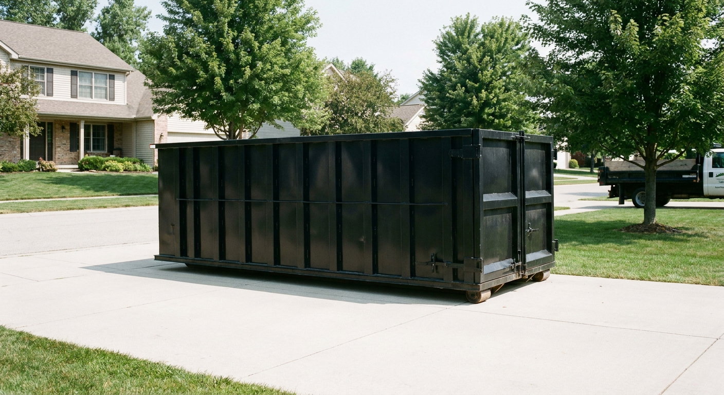 Matte-black 20-yard roll-off dumpster sitting level on a clean Boynton Beach residential concrete driveway under bright daylight, demonstrating clean placement directly on the concrete.