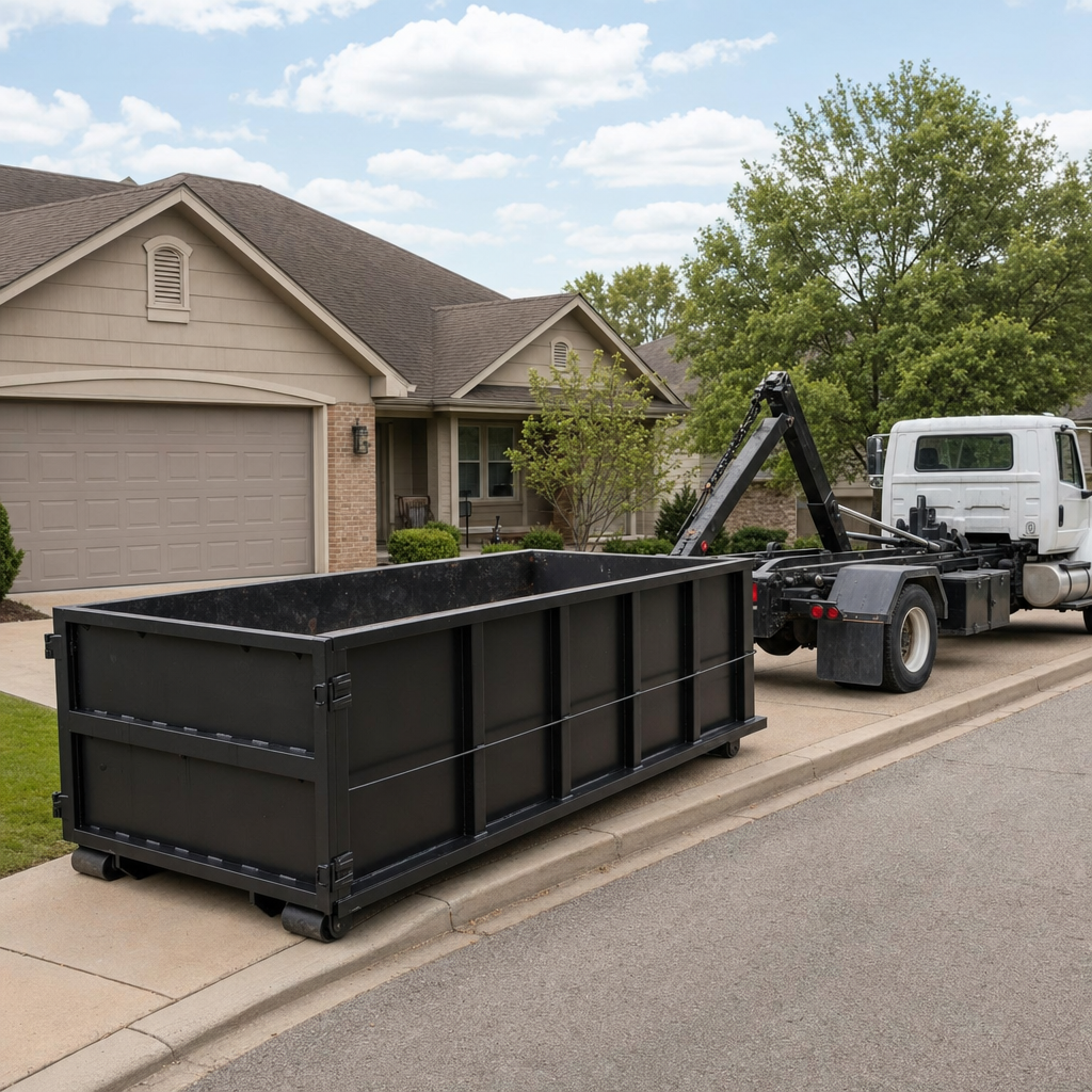 Wide documentary shot of a matte-black roll-off dumpster on a Boynton Beach residential driveway in the foreground and a contractor jobsite container in the soft-focus background, bright daylight, calm and orderly composition.