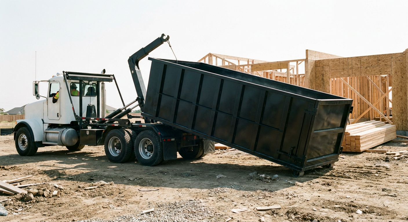 Matte-black roll-off dumpster being delivered onto a clean residential concrete driveway in Boynton Beach by an unmarked white hooklift hauler truck, bright morning daylight, documentary 35mm perspective.
