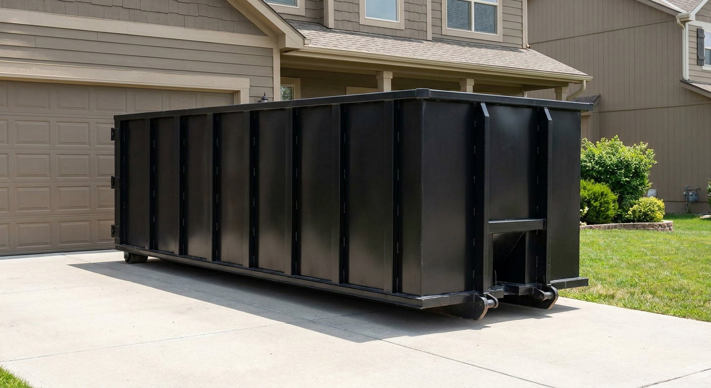 Matte-black residential roll-off dumpster sitting directly on a suburban Boynton Beach concrete driveway, garage door closed, single-family home in background, bright morning daylight.