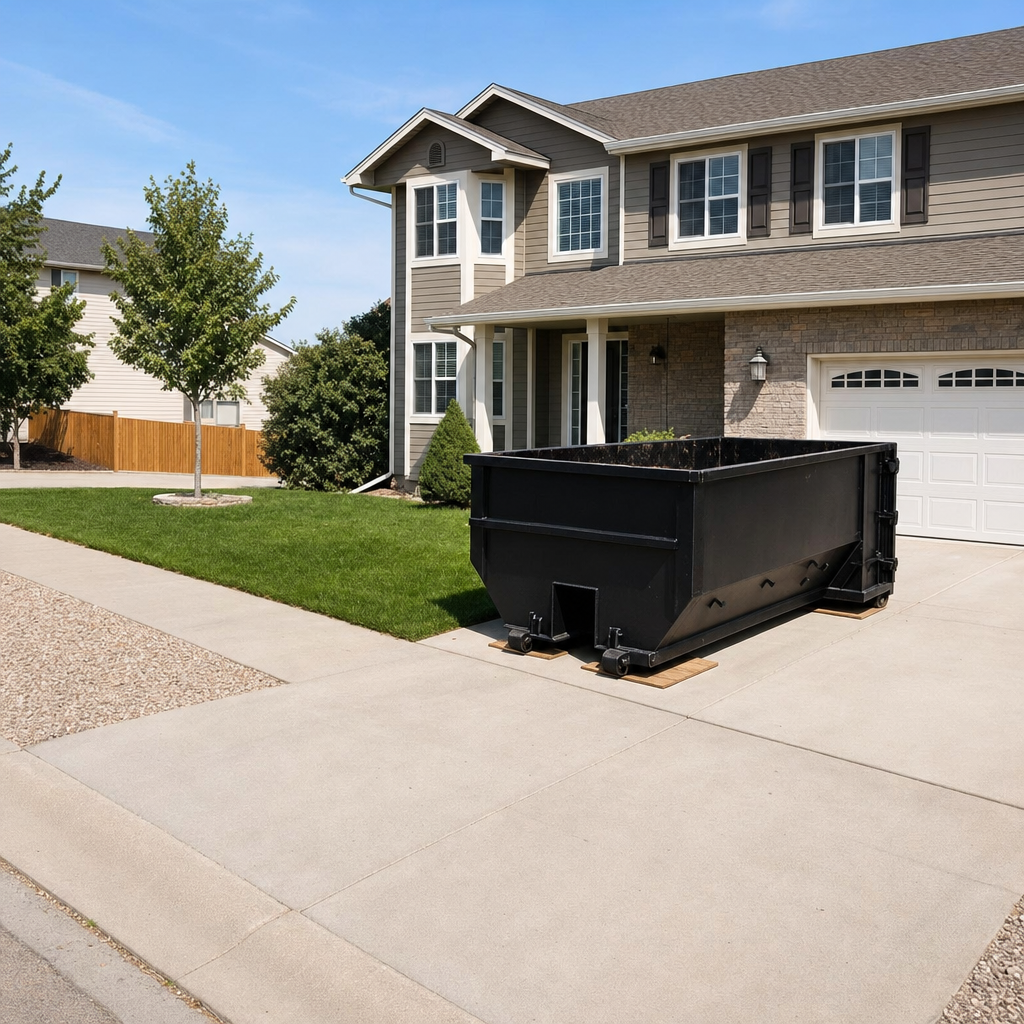 10-yard matte-black residential dumpster placed directly on a narrow Boynton Beach concrete driveway, room remains for a parked sedan beside it, mid-morning natural light