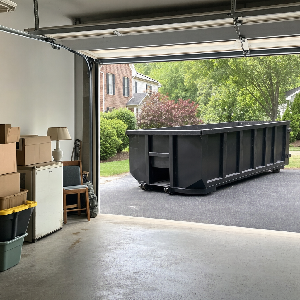 Open garage interior in a Boynton Beach home mid-cleanout — boxed items, an old appliance, and stacked yard tools queued near the driveway for a matte-black roll-off dumpster, organized and calm