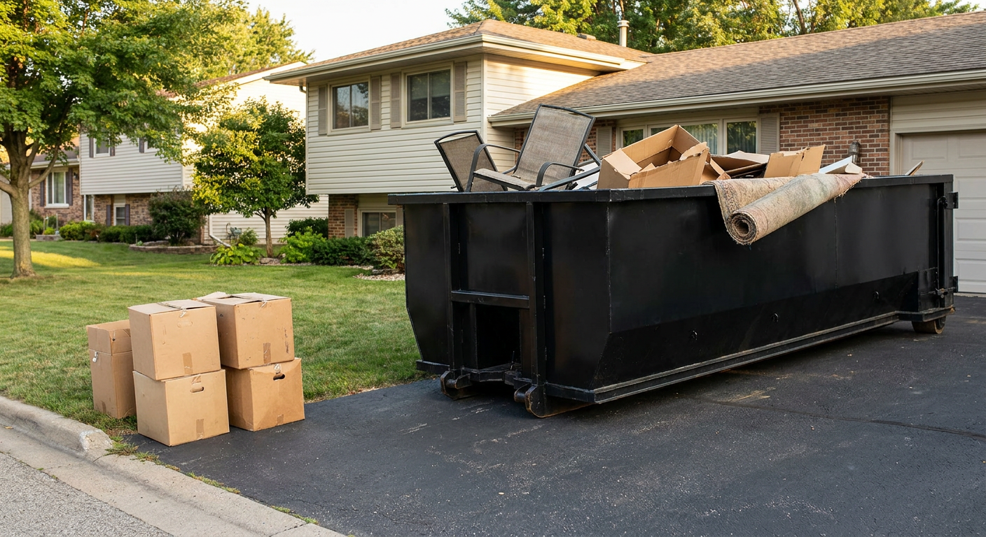 Front-yard view of a Boynton Beach split-level home with a 20-yard matte-black roll-off dumpster sitting directly on the asphalt driveway, a few clearly labeled donation boxes staged at the curb, calm sunny afternoon.
