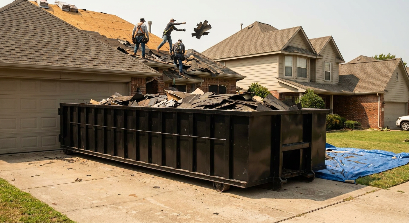 Matte-black roofing roll-off dumpster placed directly on a Boynton Beach residential concrete driveway, a tear-off crew on a two-story asphalt-shingle roof tossing shingle bundles into the low-walled container, bright daylight, documentary 35mm perspective.