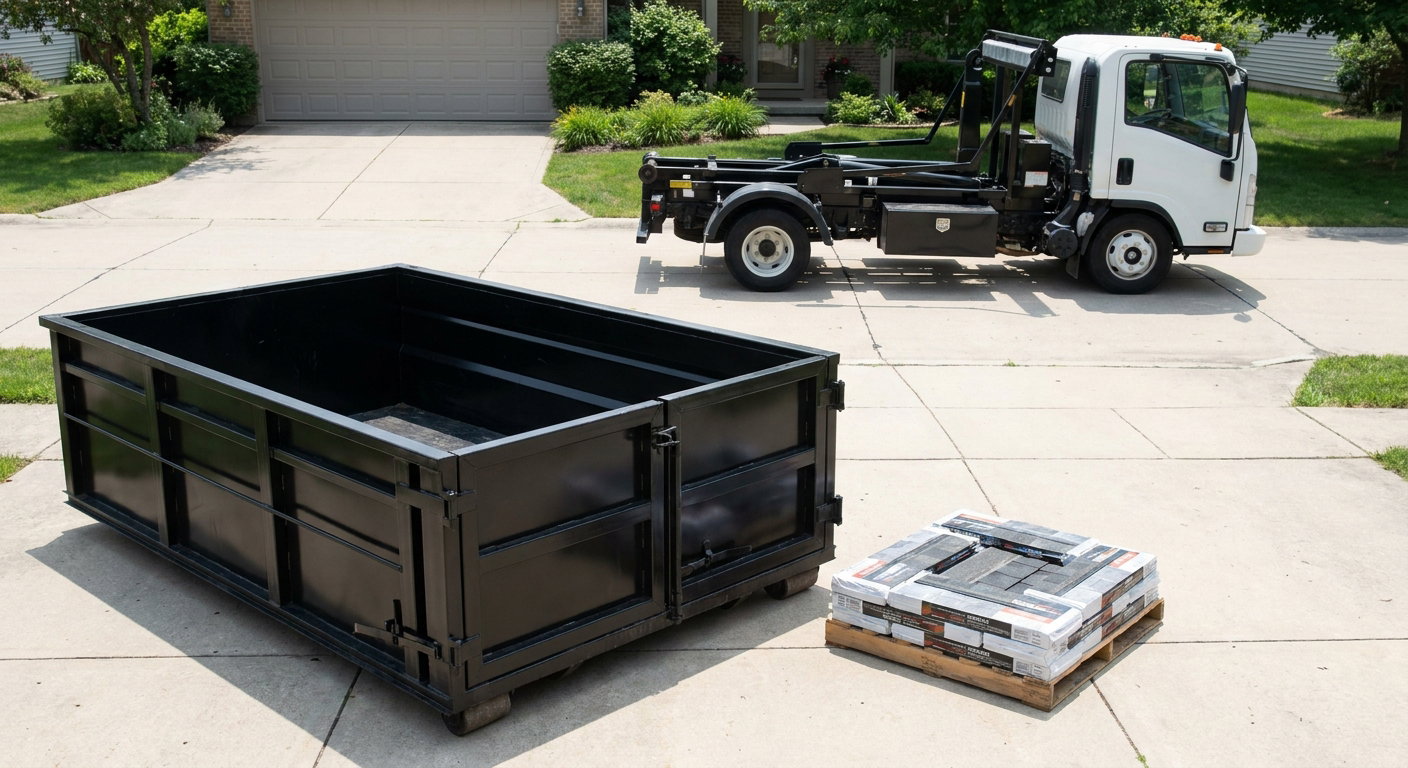 Matte-black 15-yard roofing roll-off dumpster with reinforced low side walls sitting directly on a Boynton Beach residential concrete driveway, three-tab asphalt shingle bundles stacked nearby, an unmarked white hauler truck partially visible at the edge of the frame.