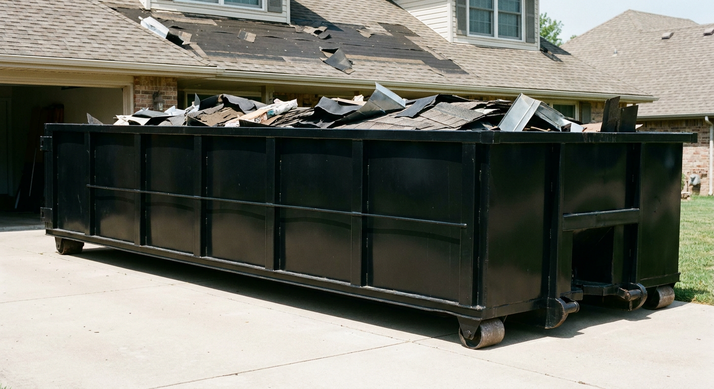 Matte-black 20-yard roofing roll-off dumpster with steel ribbed sides and swinging rear door, sitting directly on the concrete driveway of a two-story Boynton Beach home, asphalt shingle debris being loaded over the low wall, clean documentary lighting.