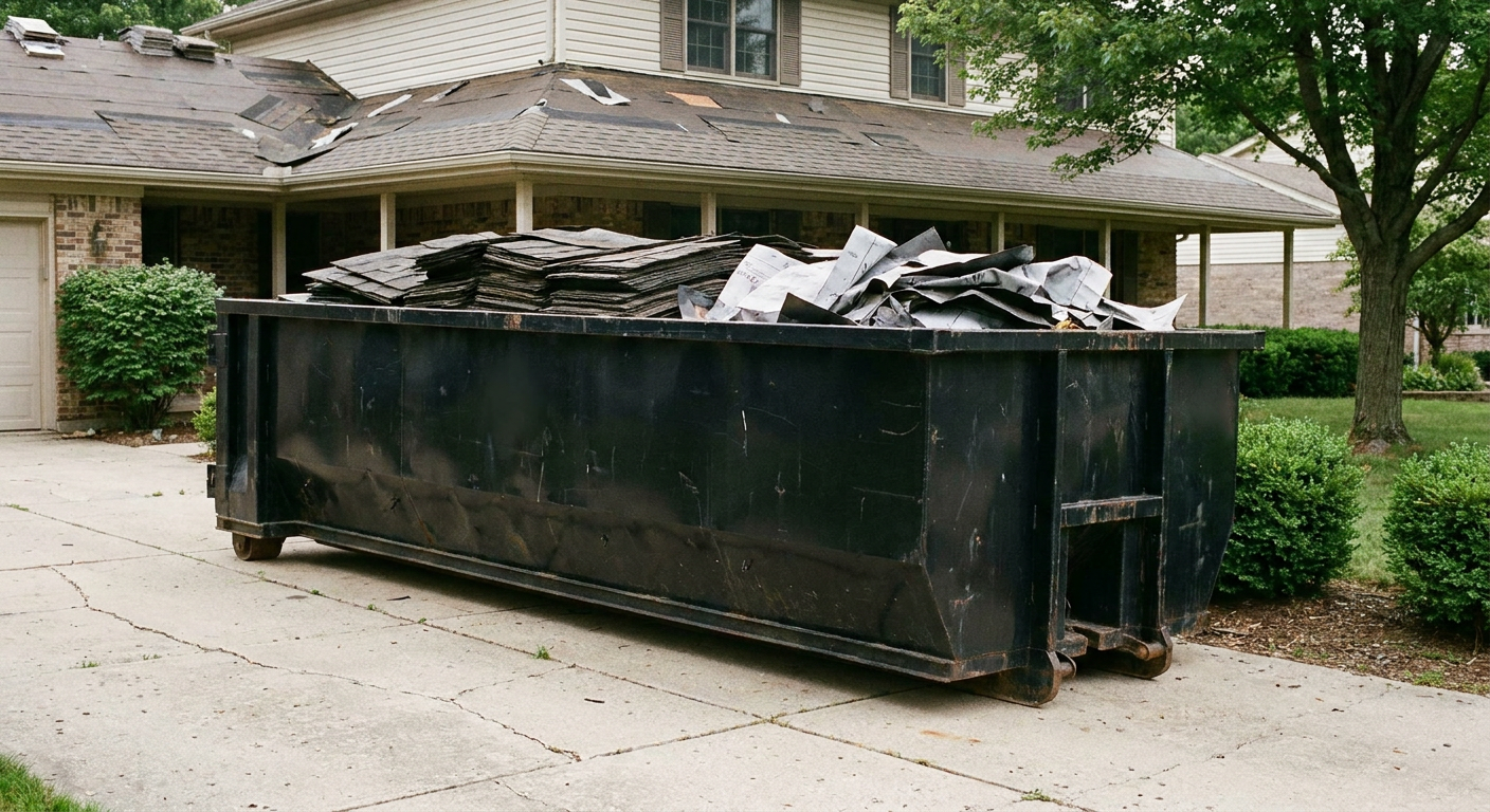 Matte-black 30-yard roofing roll-off dumpster sitting directly on a Boynton Beach concrete driveway, taller ribbed steel side panels, mixed tear-off debris of asphalt shingles and underlayment inside, professional documentary daylight.