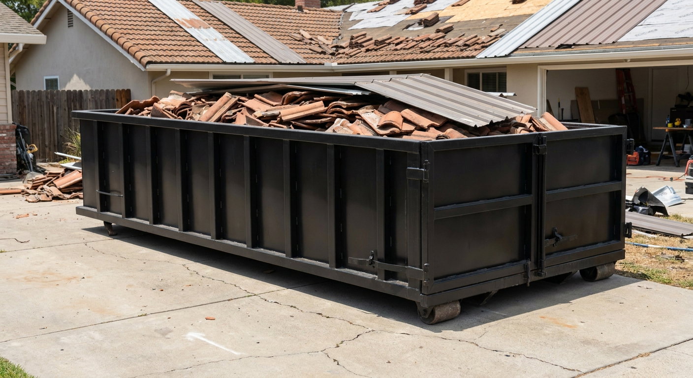 Matte-black low-wall heavy-debris roofing roll-off dumpster sitting directly on a Boynton Beach concrete driveway, broken concrete clay roof tiles and metal panel sections loaded inside, reinforced ribbed steel side walls visible, bright outdoor daylight.