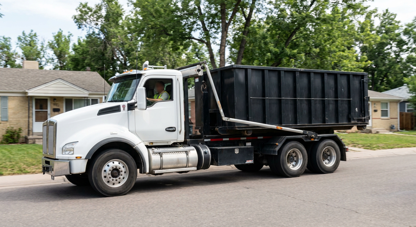 A wide documentary shot of a matte-black roll-off delivery truck pulling onto a quiet Boynton Beach residential street at mid-morning, with neighborhood rooftops and tree-lined blocks visible behind, showing the metro coverage footprint.