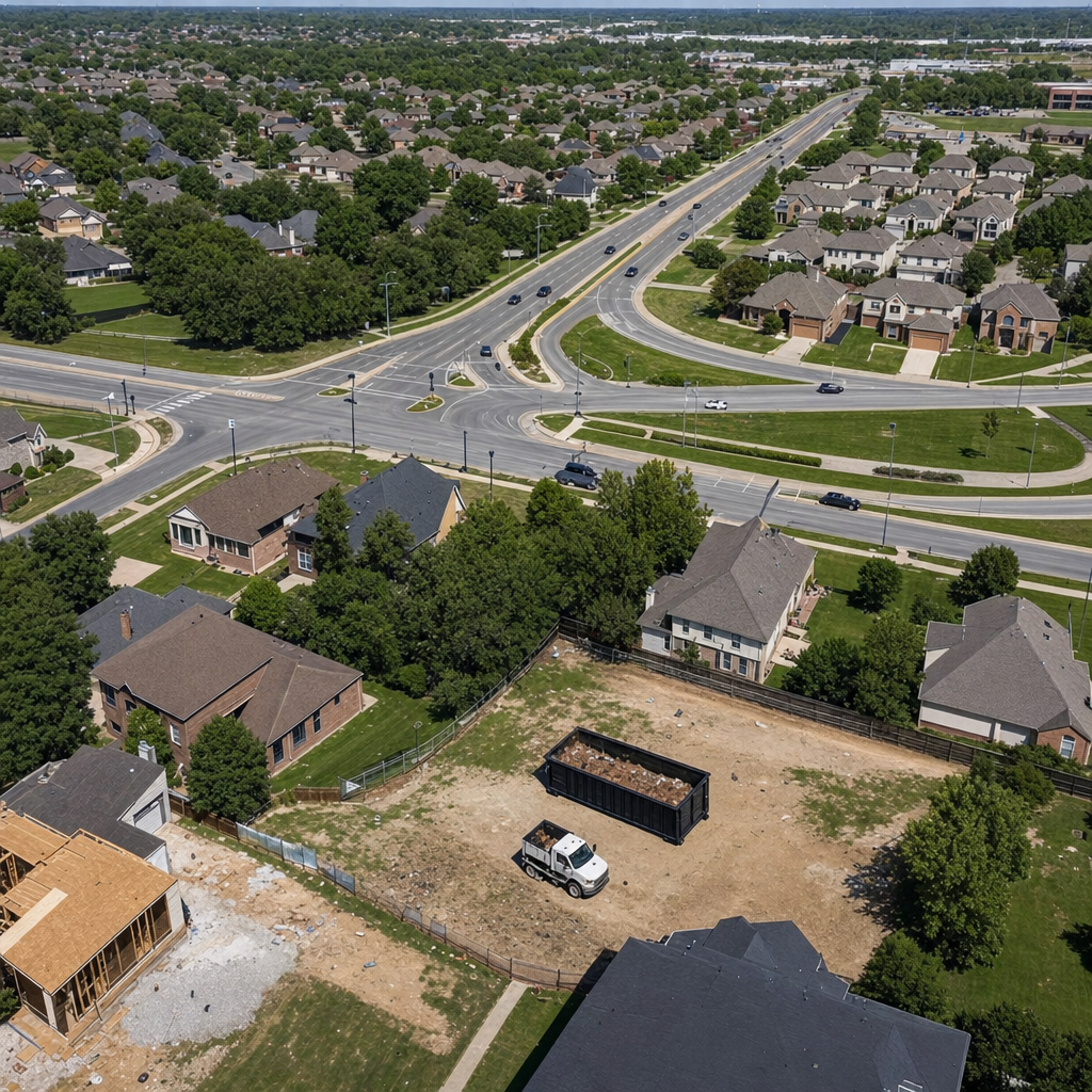 An overhead documentary view of the Boynton Beach metro area at midday, showing the spread of neighborhoods, arterial roads, and the dispatch radius from a central yard — clean daylight, organized geographic layout.