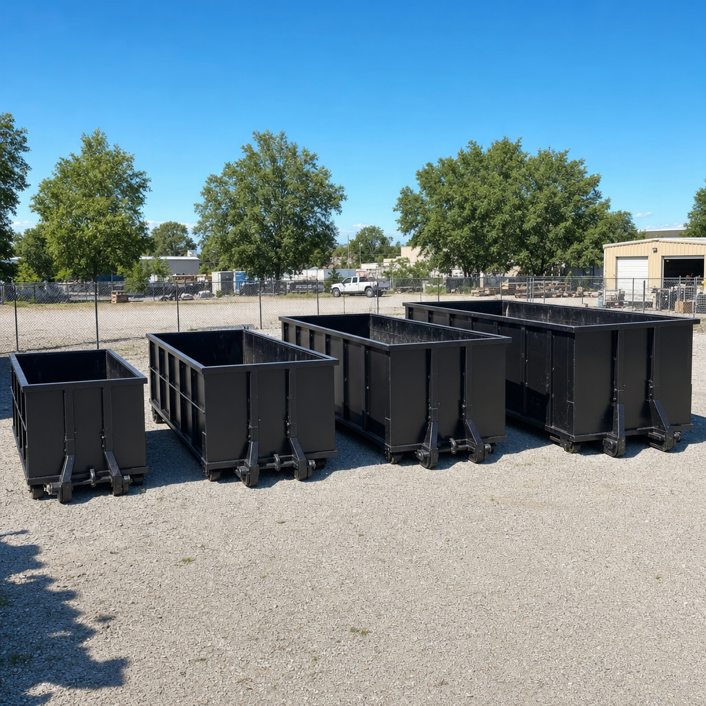 A clean lineup of matte-black roll-off dumpsters in 10, 20, 30, and 40-yard sizes staged on a sunlit gravel yard in Boynton Beach, showing the size progression from compact to commercial-scale containers.