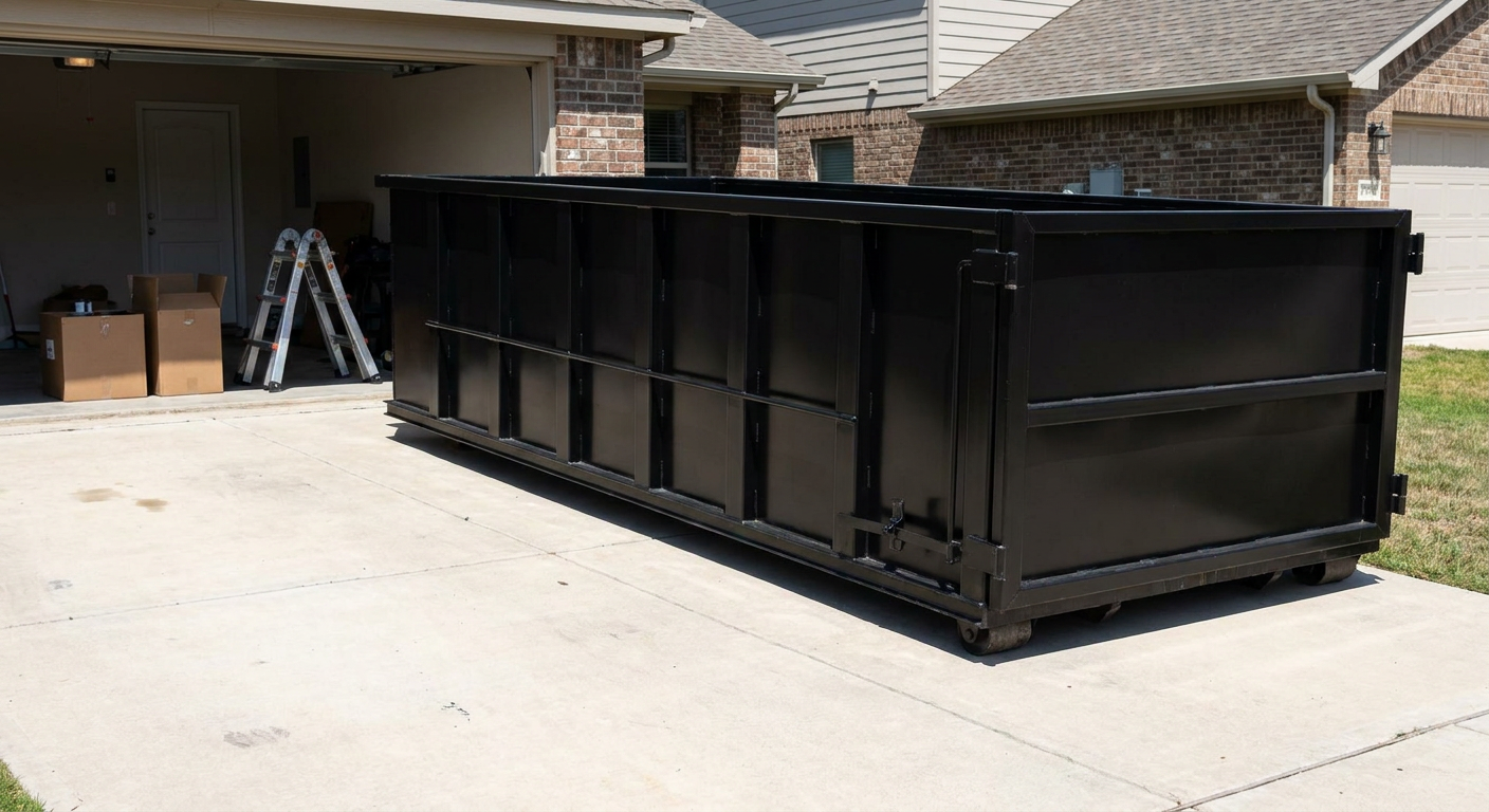 A matte-black 10-yard roll-off dumpster sitting directly on a residential Boynton Beach concrete driveway, mid-day sunlight, clean and ready for a garage cleanout.