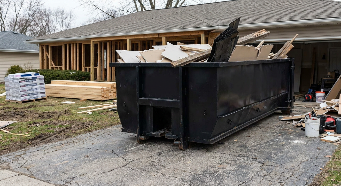 A matte-black 20-yard roll-off dumpster placed alongside a mid-renovation Boynton Beach home directly on the asphalt driveway, with framing materials and torn-off shingles staged neatly nearby.