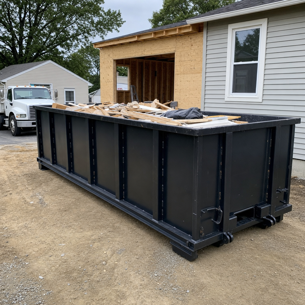 A matte-black 30-yard roll-off dumpster positioned at a Boynton Beach residential addition jobsite, with framing lumber and drywall scraps loaded through the open swinging rear doors.