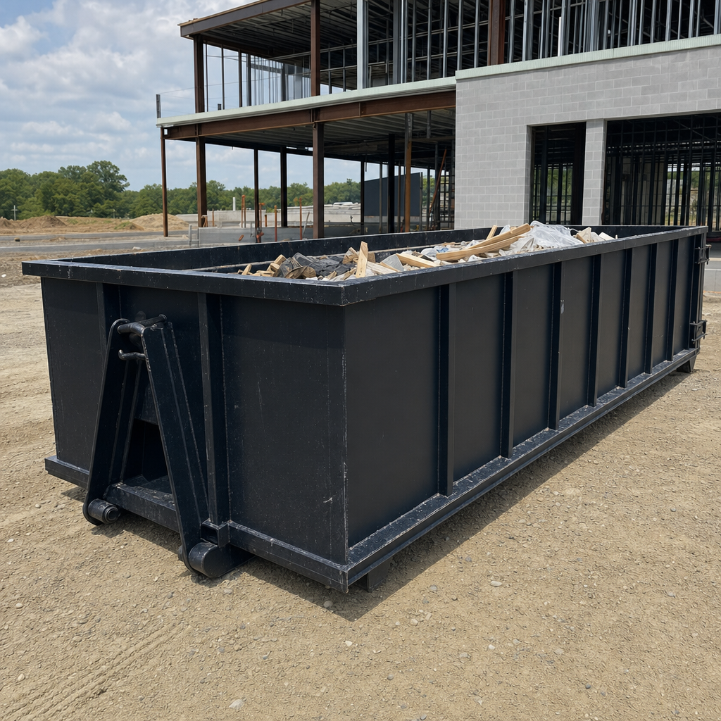 A matte-black 40-yard roll-off dumpster staged on a large Boynton Beach commercial construction lot, with a hooklift delivery truck parked alongside under bright midday sky.