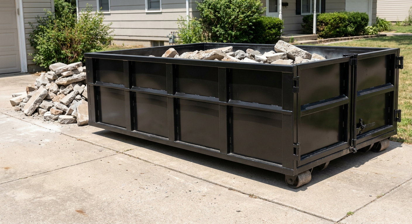 A matte-black low-side heavy-debris roll-off dumpster placed directly on a Boynton Beach concrete driveway, with broken concrete chunks neatly stacked beside it under clean daylight.